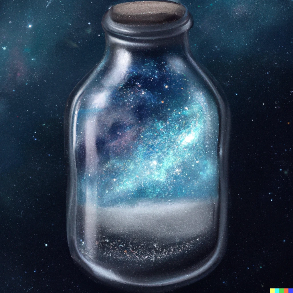 Prompt: “A galaxy contained inside a clear glass bottle, 4K digital art”