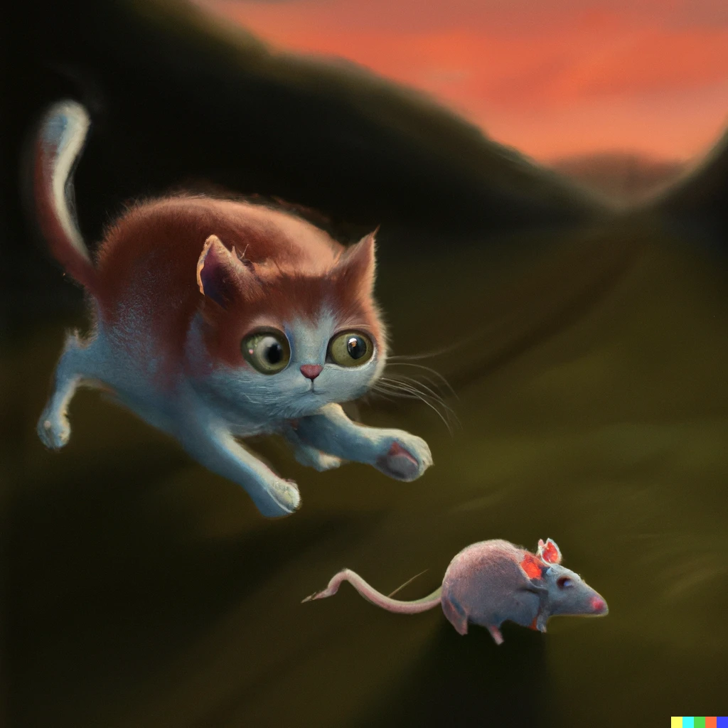 Prompt: "A Big mouse chasing a little cat, digital art"