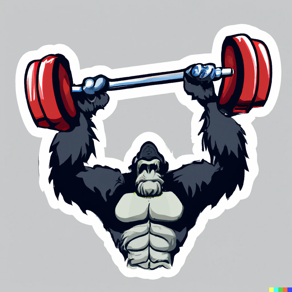 Prompt: "Muscular gorilla lifting weights, adobe sticker illustration svg"