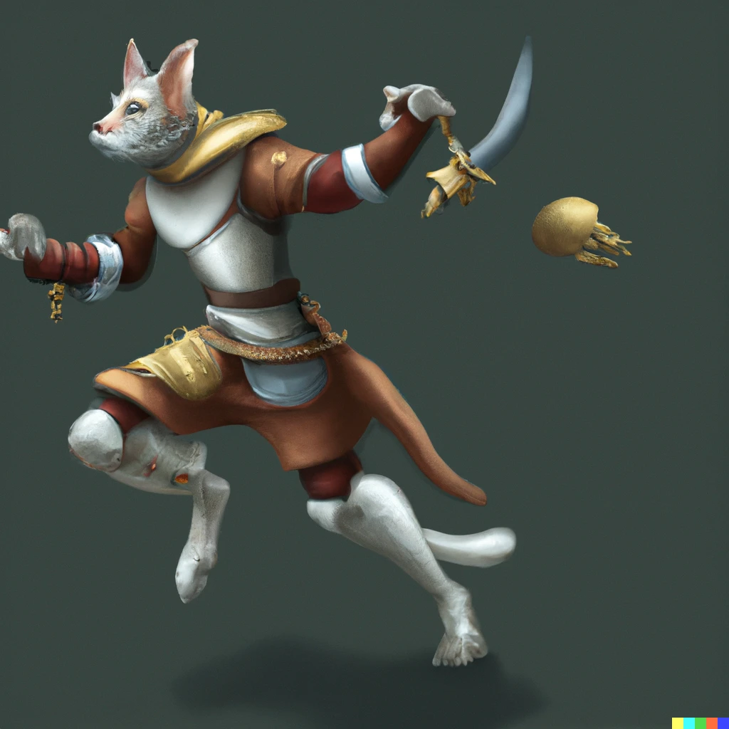 Prompt: "A bipedal linx, wearing a d&d thief armor, worried, run away from floating swords, digital painting"