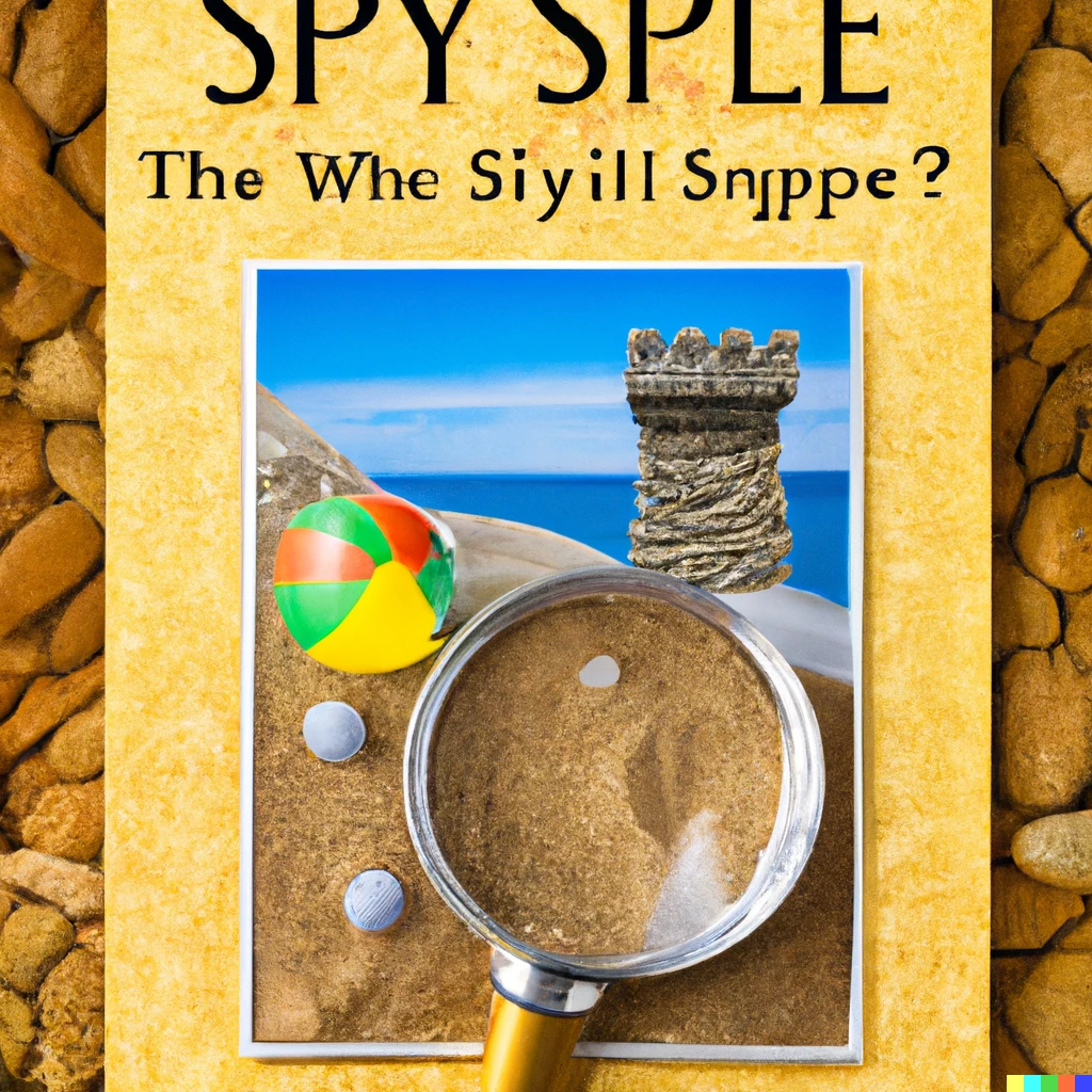 Prompt: I Spy Gold Challenger! A Book of Picture Riddles. Sand castle. I spy a marble, a feather, and a broom. Photograph.