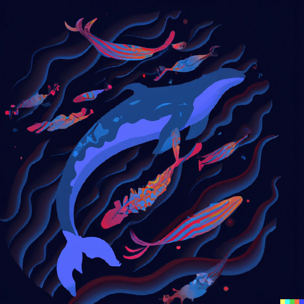 Prompt: phoenix swimming with whales in the dark sea