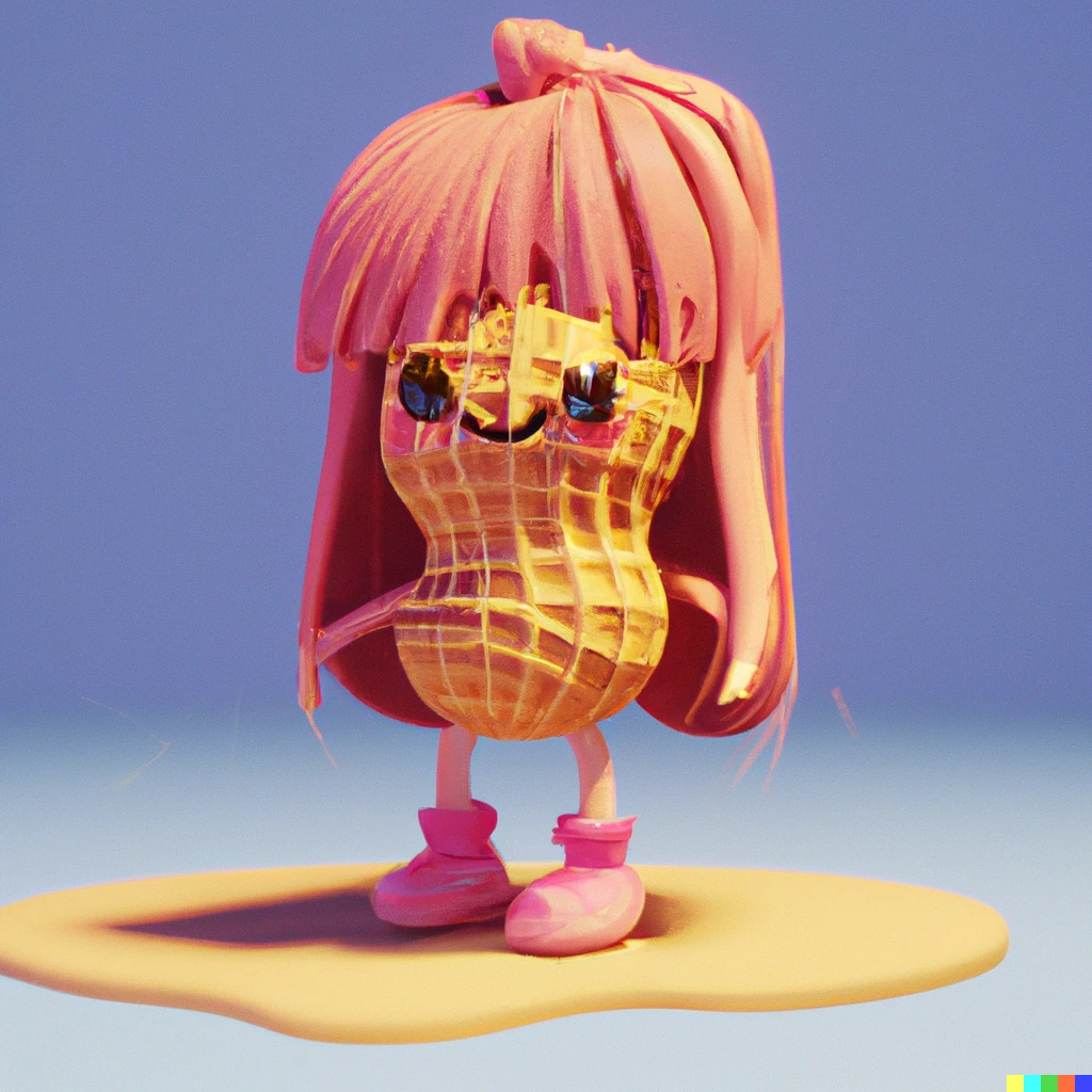 Prompt: a peanut character who is a little girl and has rose colored long hair, unreal engine