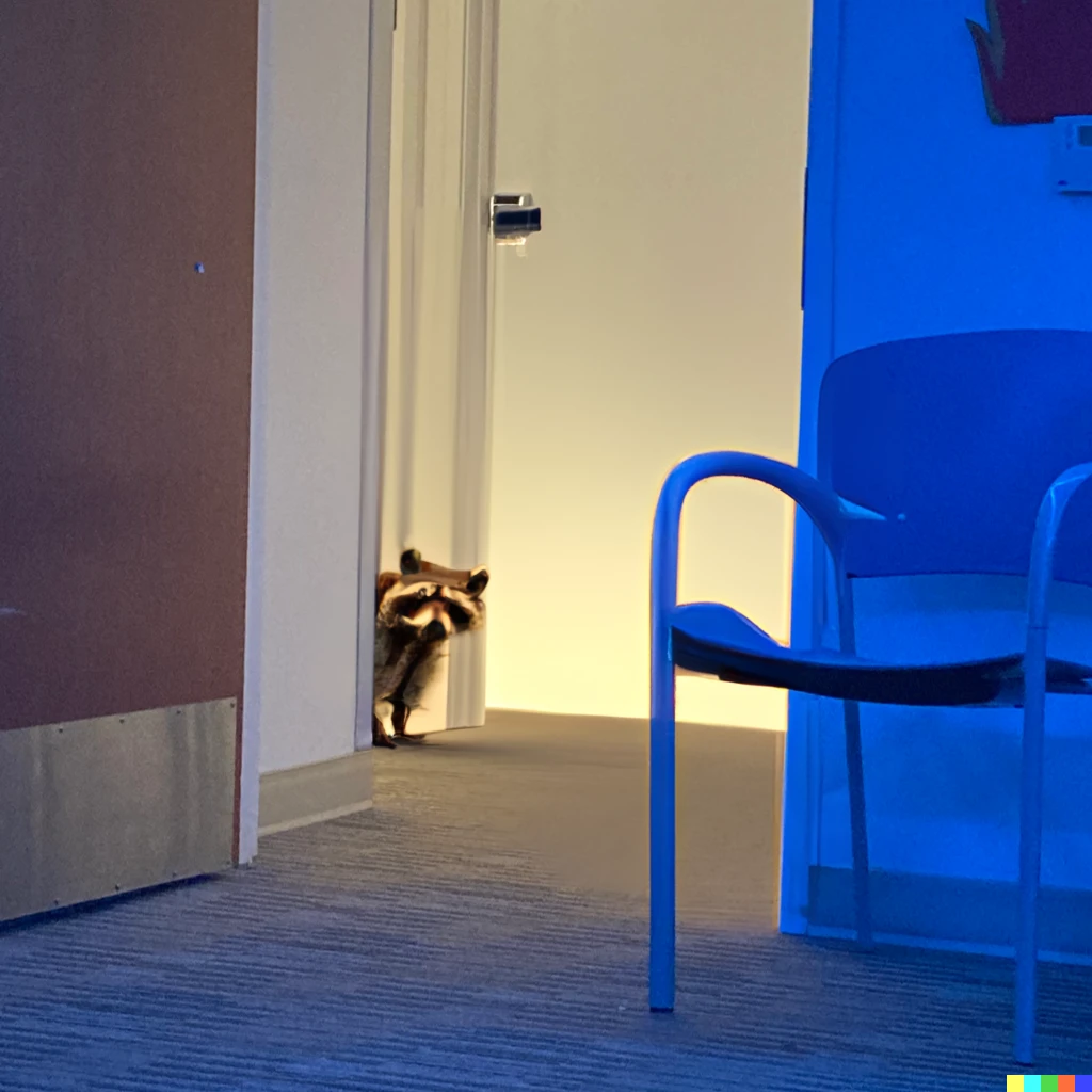 Prompt: raccoon peeking into room from hallway, photograph, iPhone SE camera