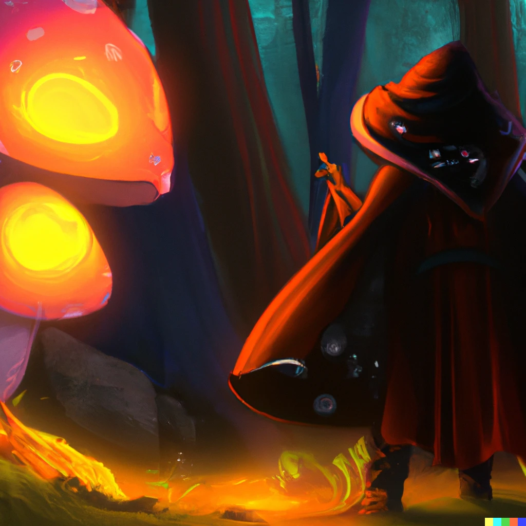 Prompt: mage in glowy mushroom forest, digital art