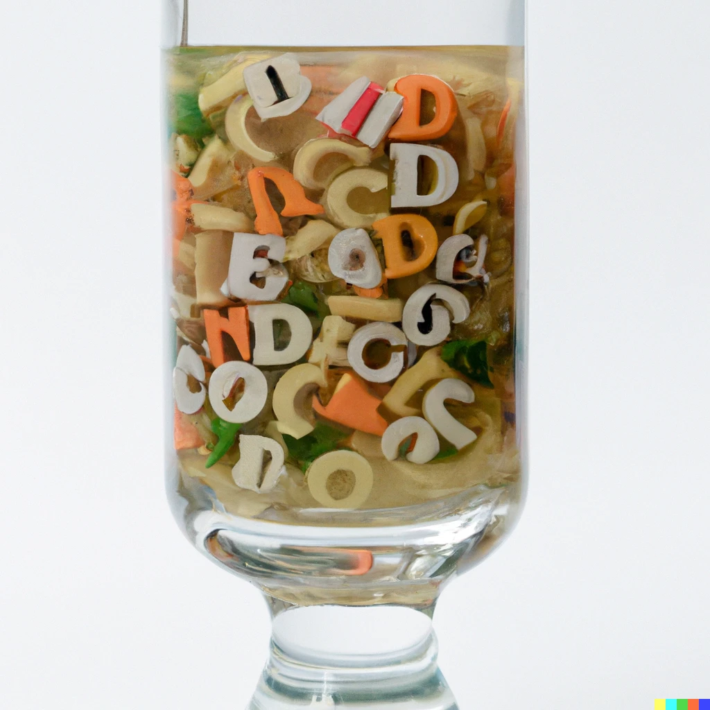 Prompt: A clear pint glass full of alphabet soup