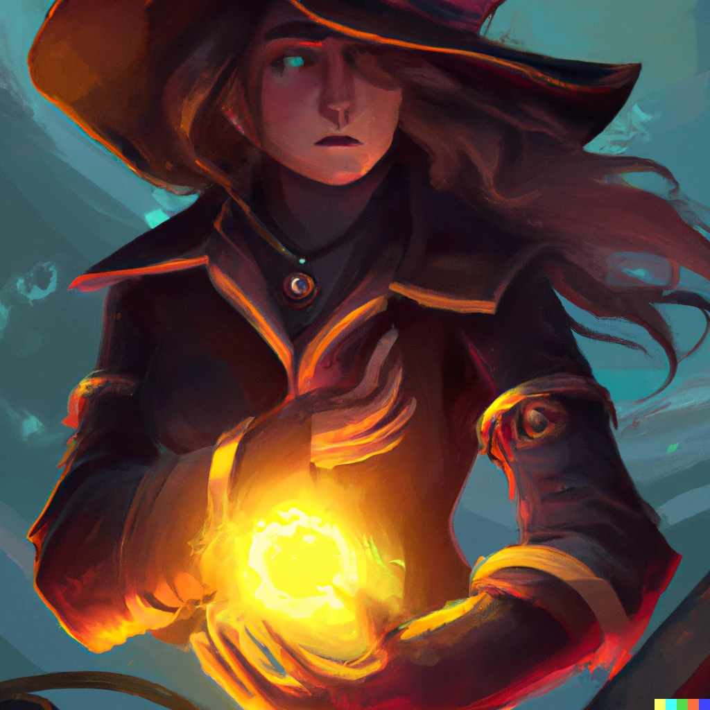 Prompt: A pirate lass who's using ancient glowing magic, digital art