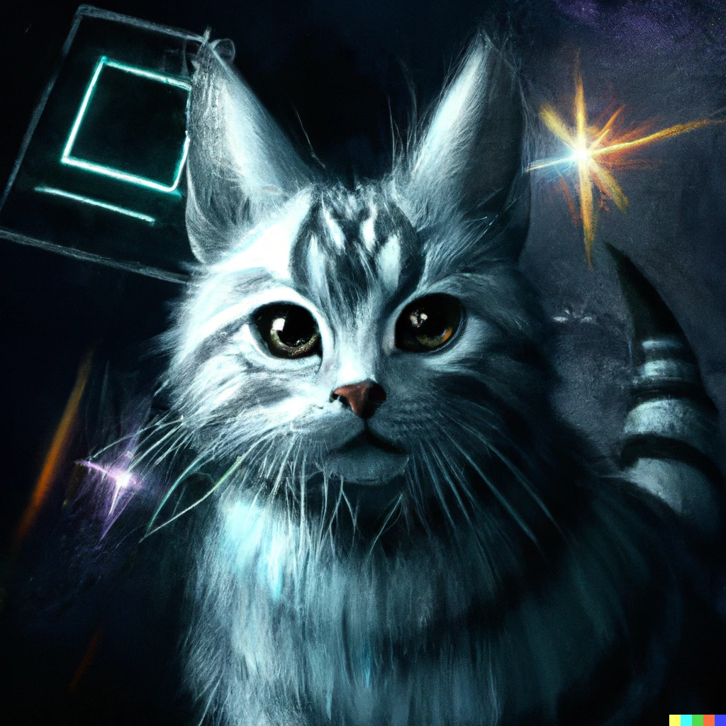 Prompt: curious cyberpunk grey tabby cat with white chest in space, stars, cyberpunk digital painting