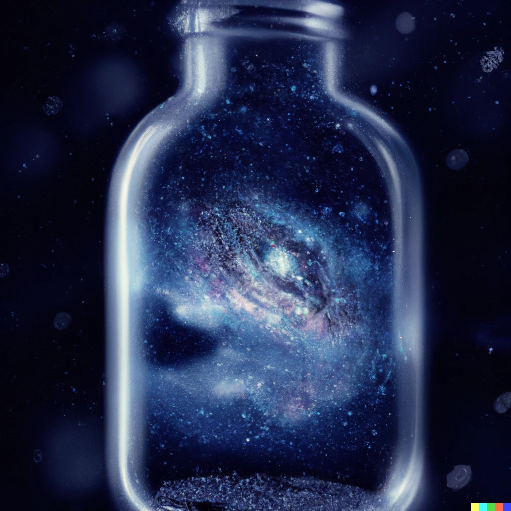 Prompt: A galaxy contained inside a clear glass bottle, 4K digital art