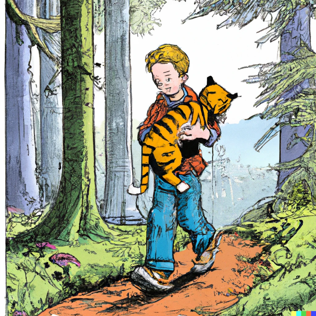 Prompt: A grown up Calvin carrying Hobbes through the woods, illustrated by Bill Watterson