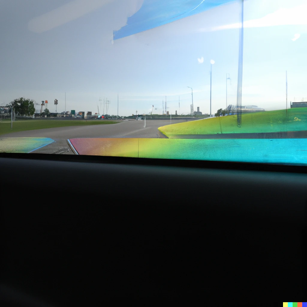 Prompt: A photo from outside a car window onlooking the rainbow road course from mario kart, sparkly, extremely detailed, photorealistic yet dreamlike