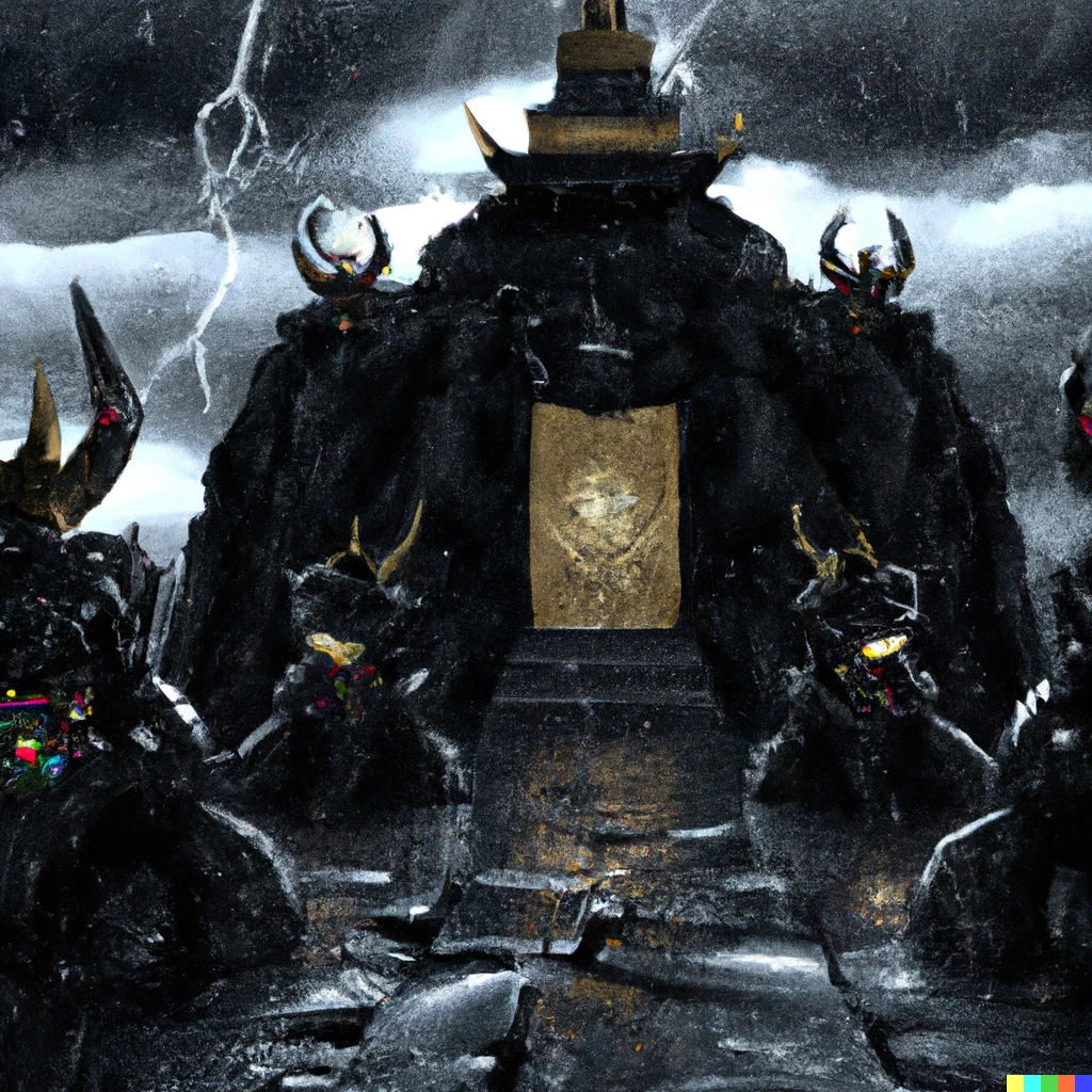 Prompt: A glossy black temple surrounded by lava and thunder with silver spiked chests on the ground next to the gate. Big glossy black bosses wearing gold chains and crowns are walking into the temple. Raining, HD, detailed.