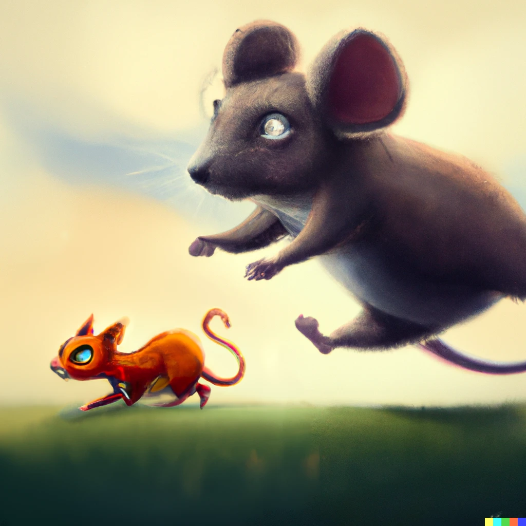 Prompt: "A Big mouse chasing a little cat, the little cat is running away, digital art"