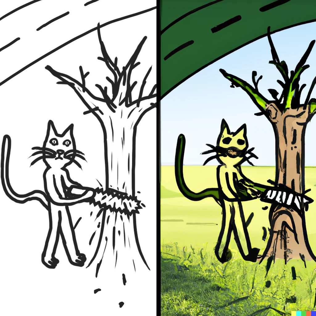Prompt: a photorealistic render on the right of the exact same cat sawing a tree near the road on the left 