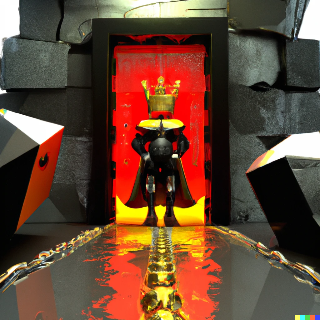 Prompt: 3D Glossy black blob boss wearing gold chains and crown and red cape and white boots guarding the door of a short rectangular metal structure that has a diagonal diced texture, surrounded by a lava sea in a cavern. To the left of the door on a metal walkway is a gold chest and a tall thin pole that shoots a red beam to the floor. Around the right corner of the structure is a black 3 headed snake statue save point checkpoint. On top is glossy black vases. Leading to the building is a metal path with 3 metal warp pipes on each side. Giant glossy black castle in the background.