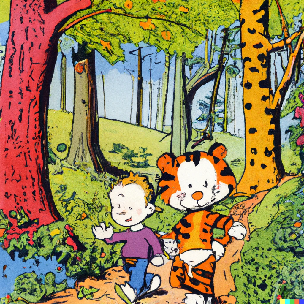 Prompt: The 1980s comic strip characters Calvin and Hobbes are walking through the woods together, illustrated by Bill Watterson, published by Andrews McMeel Publishing 