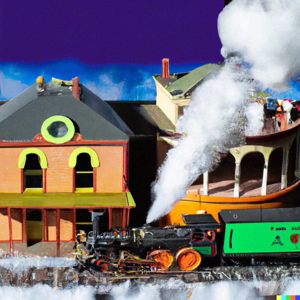 Prompt: "Diorama of a scene of an old steam train pulling into a train station with steam billowing out, made of everyday objects, studio lighting, in the style of Walter Wick, colorful" 