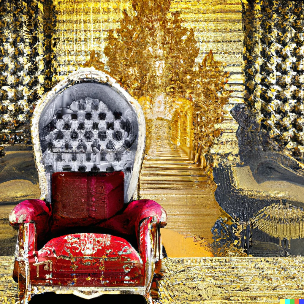 Prompt: royal black chair and red rubies in the temple of gold. photograph.