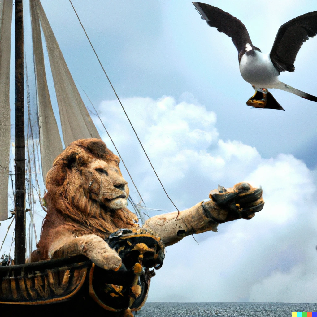 Prompt: "A lion wearing paladin armour wave goodbye to a seagull flying far in the sky while sailing in a ship, photograph, detailed" 