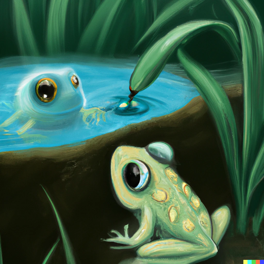 Prompt: A rainfrog spying on a tadpole, high quality illustration, art station