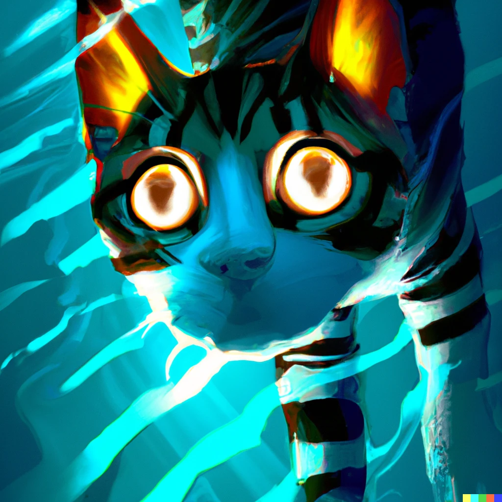 Prompt: curious cyberpunk skinny brown and white tabby cat underwater, glowy, cyberpunk digital painting