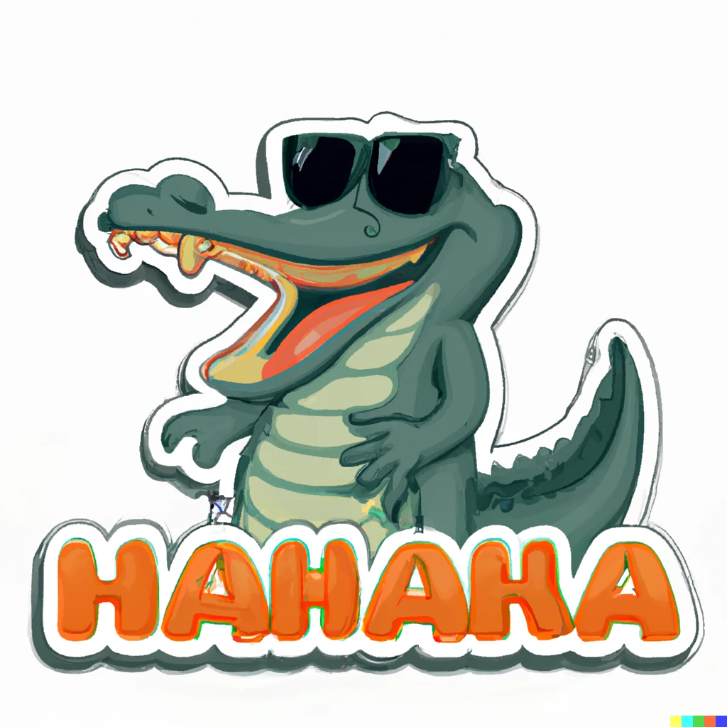 Prompt: hahaha text under laughing crocodile, sticker illustration