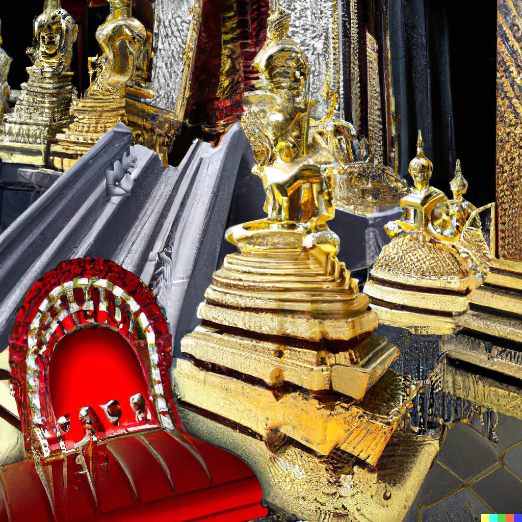 Prompt: royal black chair and red rubies in the temple of gold. photograph.