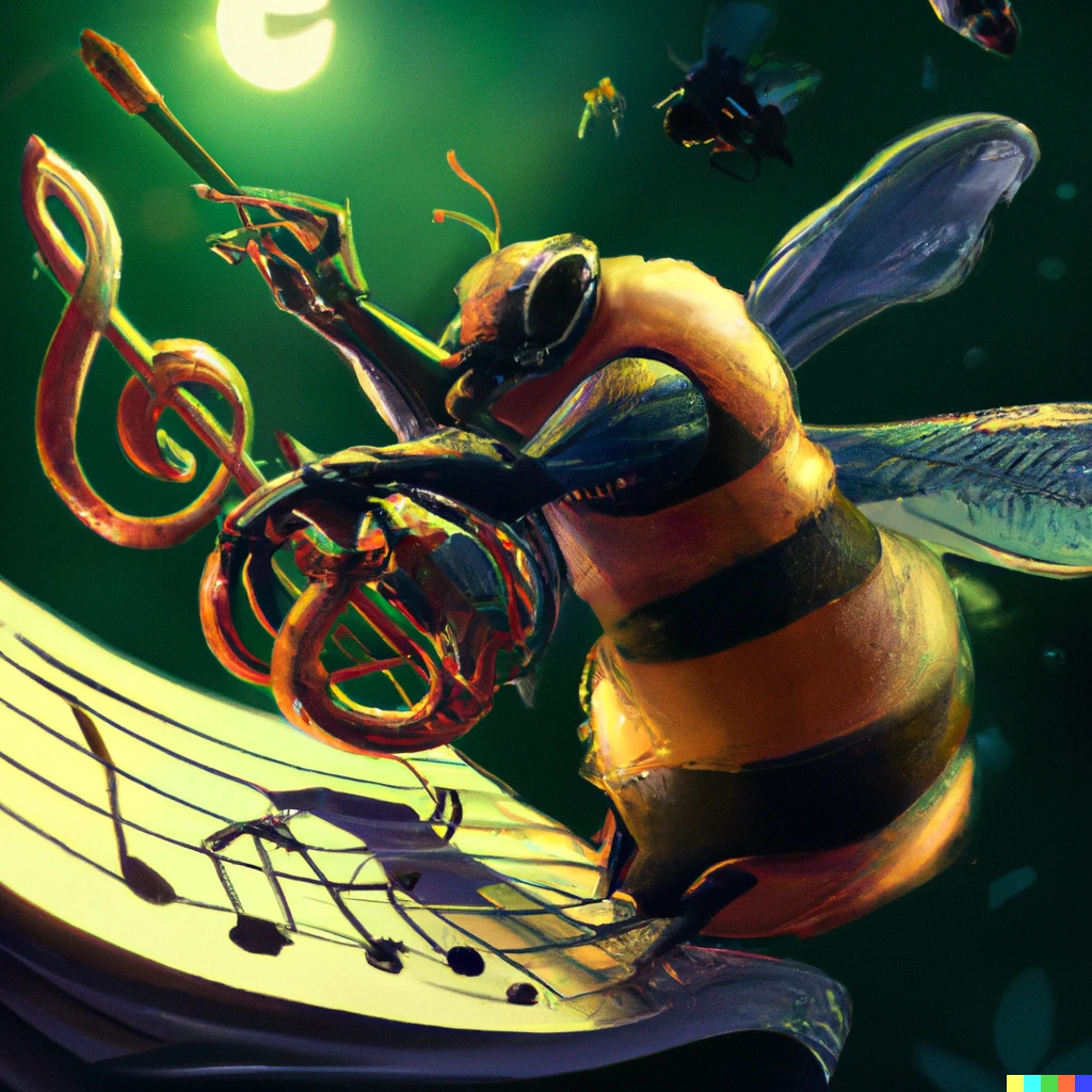 Prompt: A wealthy bumble bee painting the last musical note, digital art
