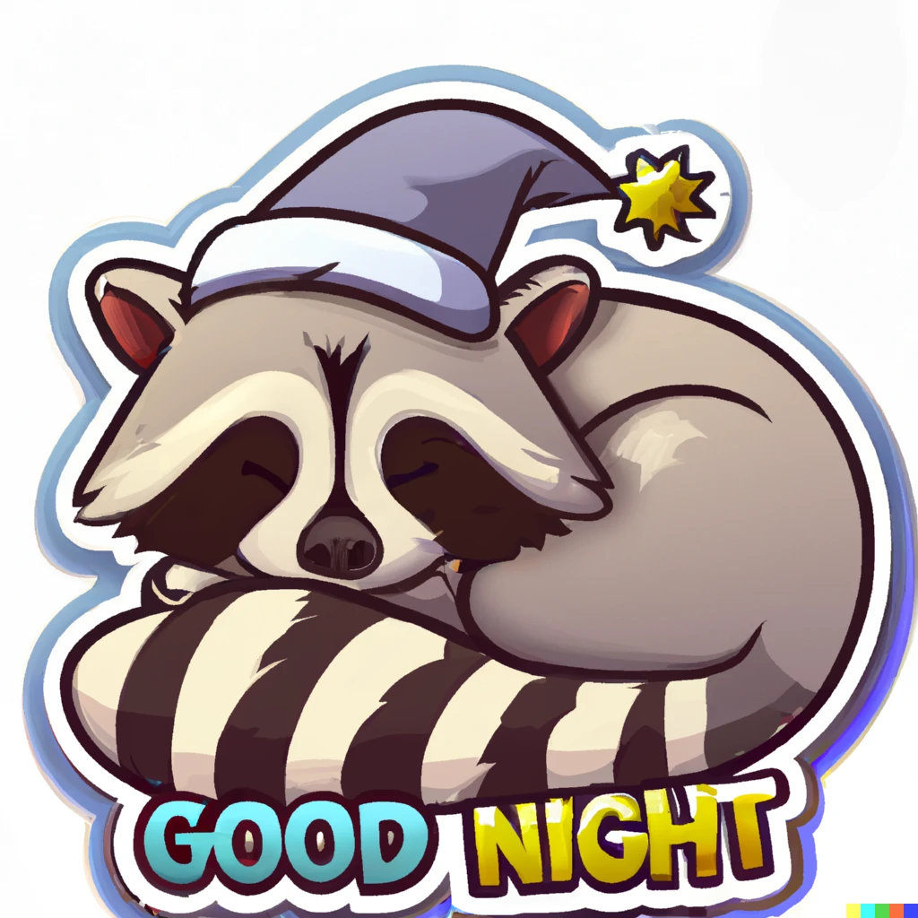 Prompt: Good night text under Raccoon asleep wearing a nightcap sticker illustration