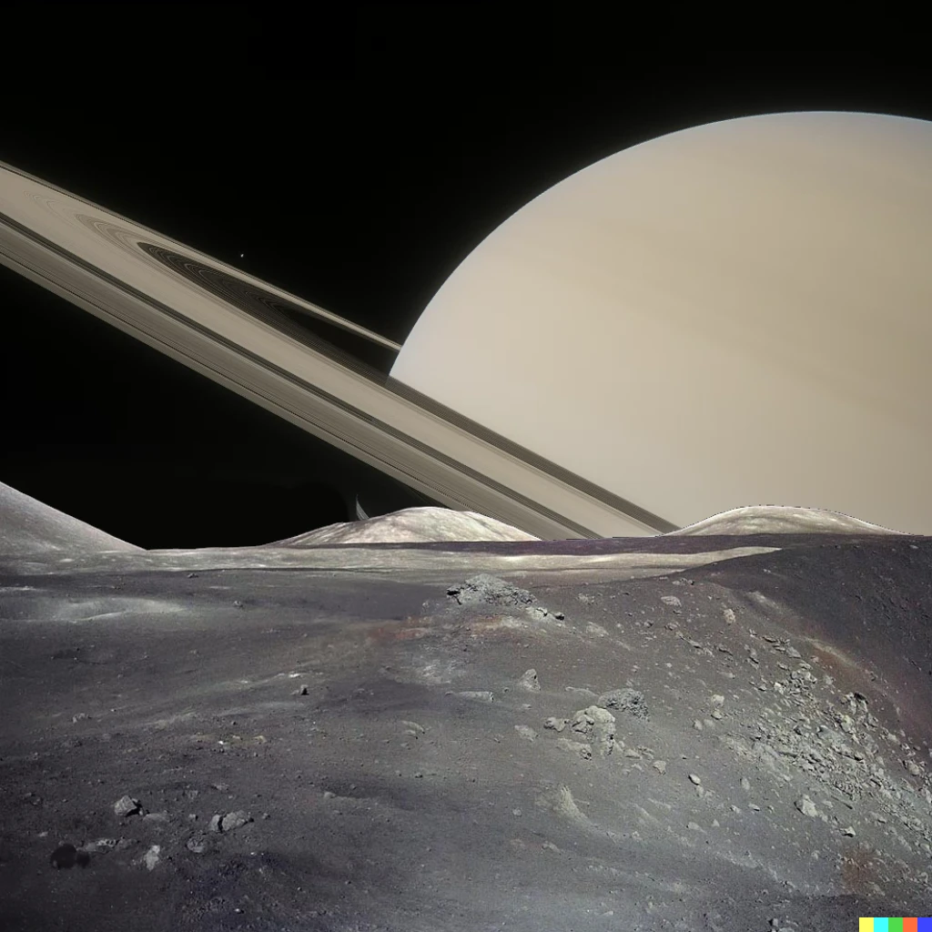 Prompt: photograph taken on Mimas, Saturn's moon