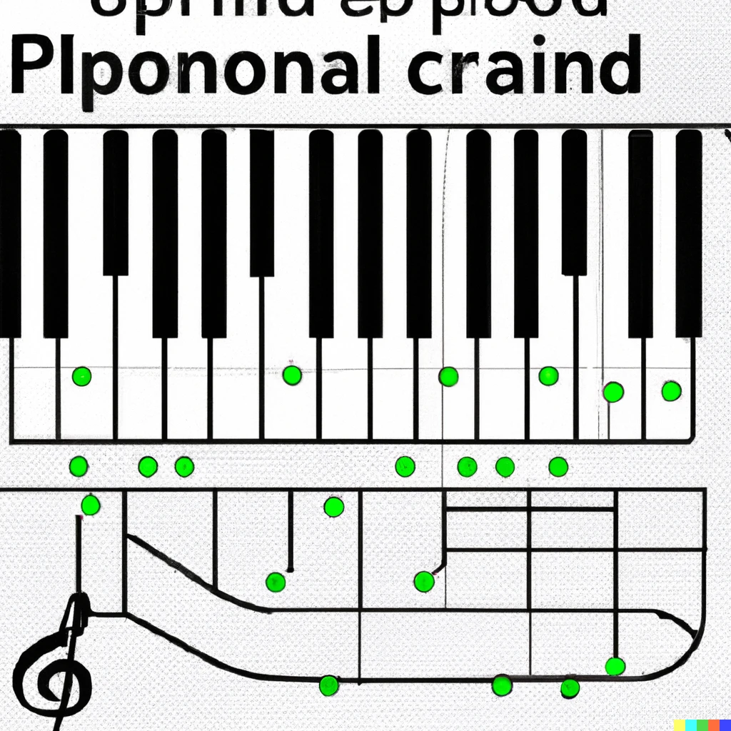 Prompt: "piano keyboard with highlighted notes spelling a chord, tutorial, wikihow, illustration, diagram"