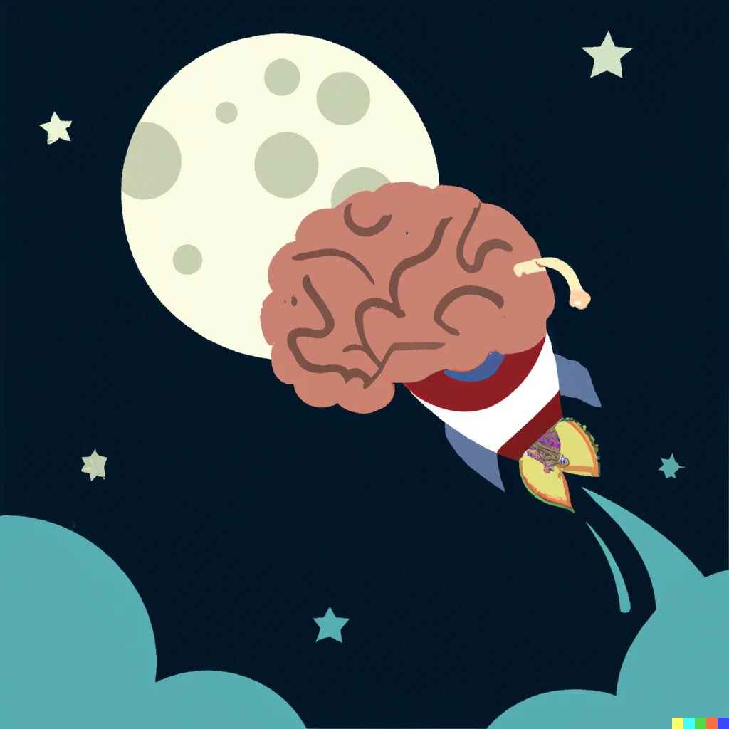 Prompt: A brain riding a rocketship heading towards the moon.