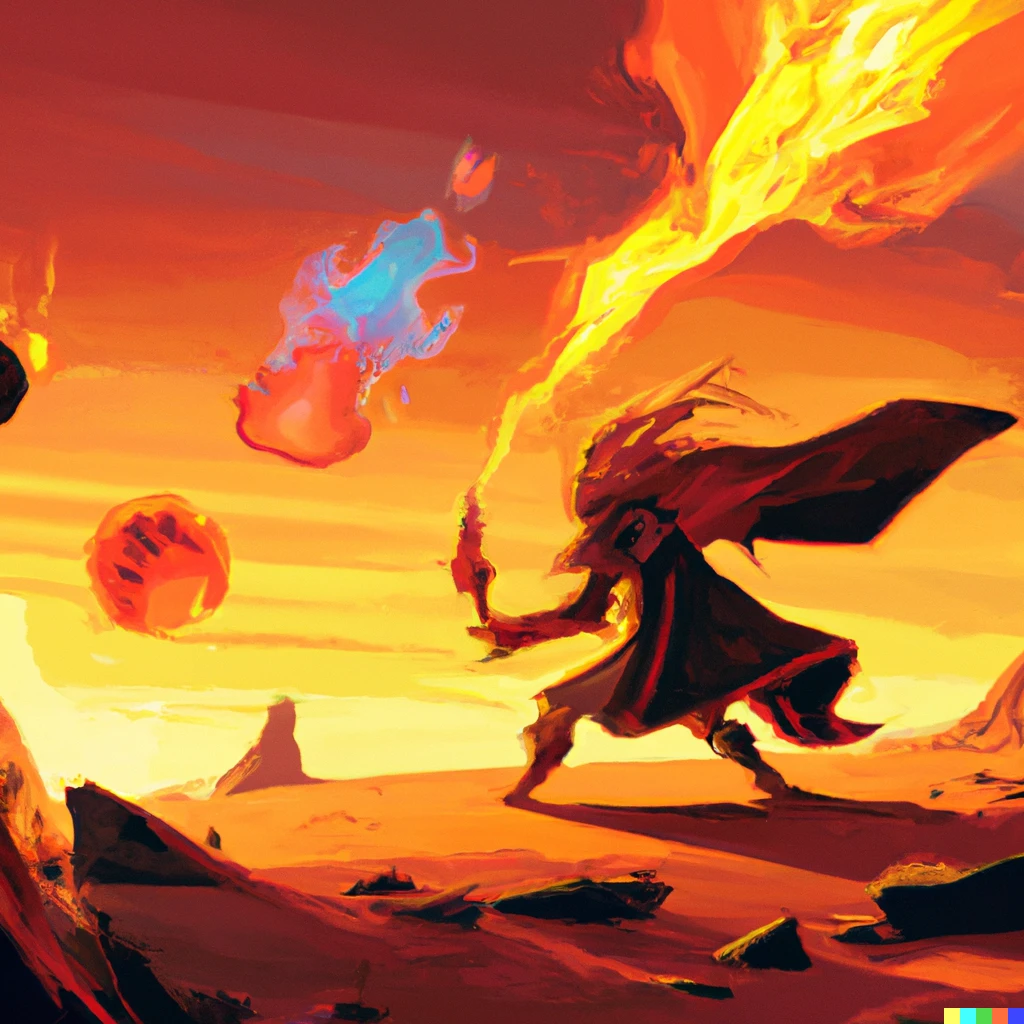Prompt: mage throw fireballs at monsters in desert, digital art