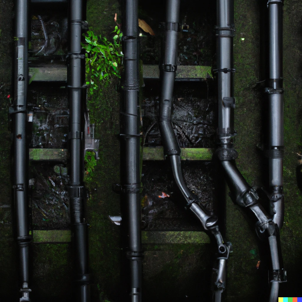Prompt: Knolling of water flowing through black pipes and gutters of a sewer system maze on black concrete, inhabited by jungle and green jelly creatures. Photograph.