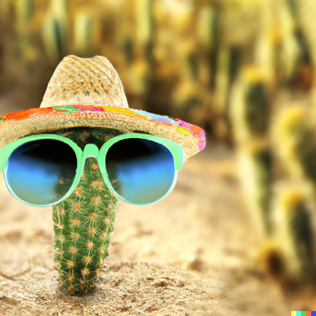 Prompt: cactus wearing straw hat and colorful sunglasses in the desert, colorful, bokeh, photograph