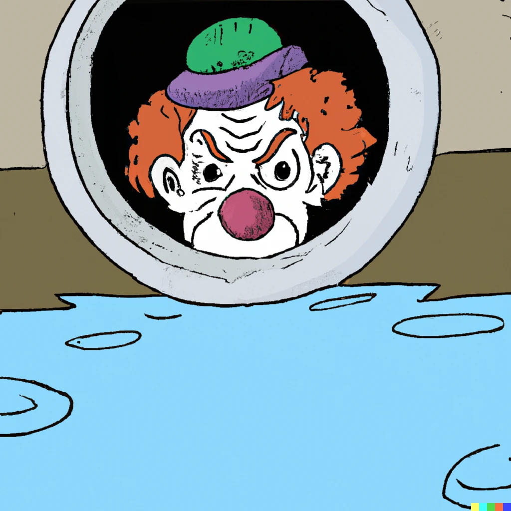 Prompt: a clown peering out from a storm drain, cartoon style