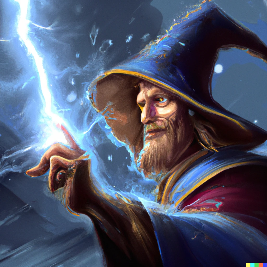 Prompt: A wizard with bright blue eyes throwing a lightning bolt, digital art