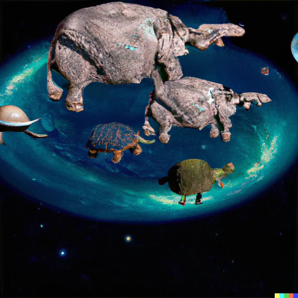 Prompt: "A flat circular planet sustained on 4 elephants who settle on a giant turtle travelling through space, detailled, 8k, digital art" 