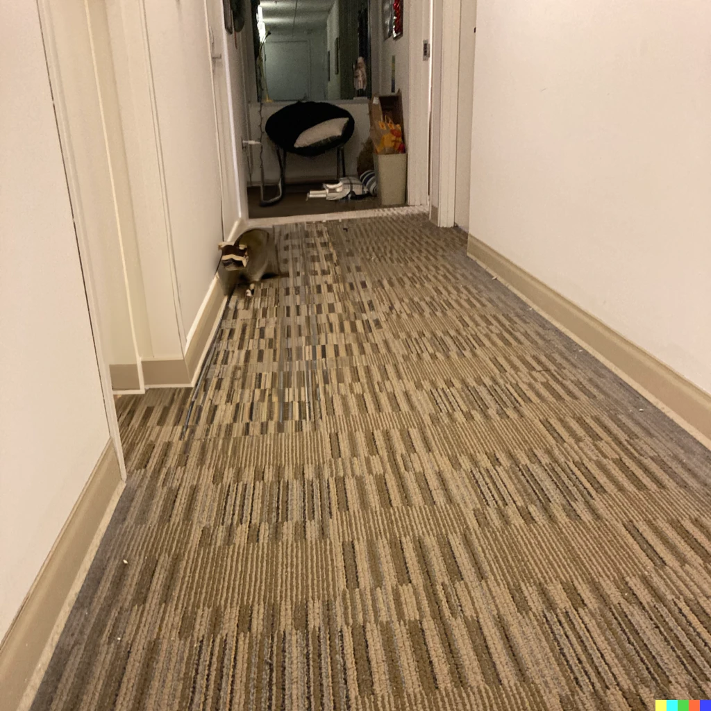 Prompt: a raccoon in a hallway running away, photograph taken with iPhone SE