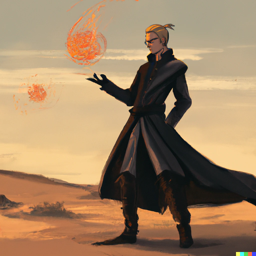 Prompt: black coat blond male mage, ponytail, throwing fireballs, desert, digital art