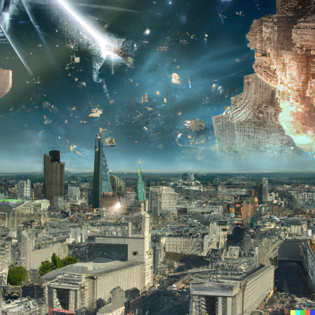 Prompt: "London destroyed by meteors, photo realistic"