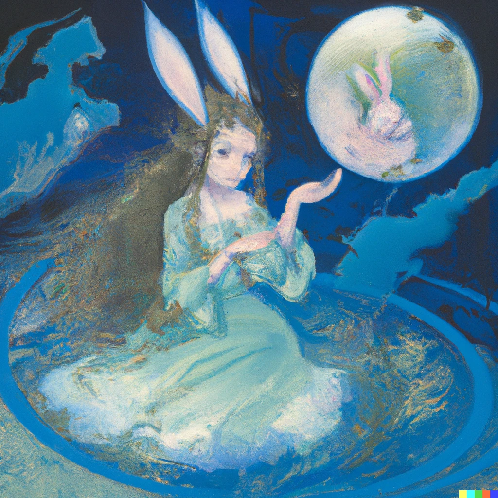 Prompt: The rabbit goddess of the moon, Illustrated by Yoshitaka Amano