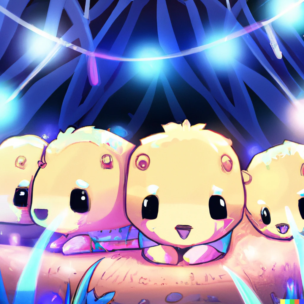 Prompt: "Chibi and kawaii but sad capybaras in an outdoor rave party. Digital art. Trending on Pixiv." 