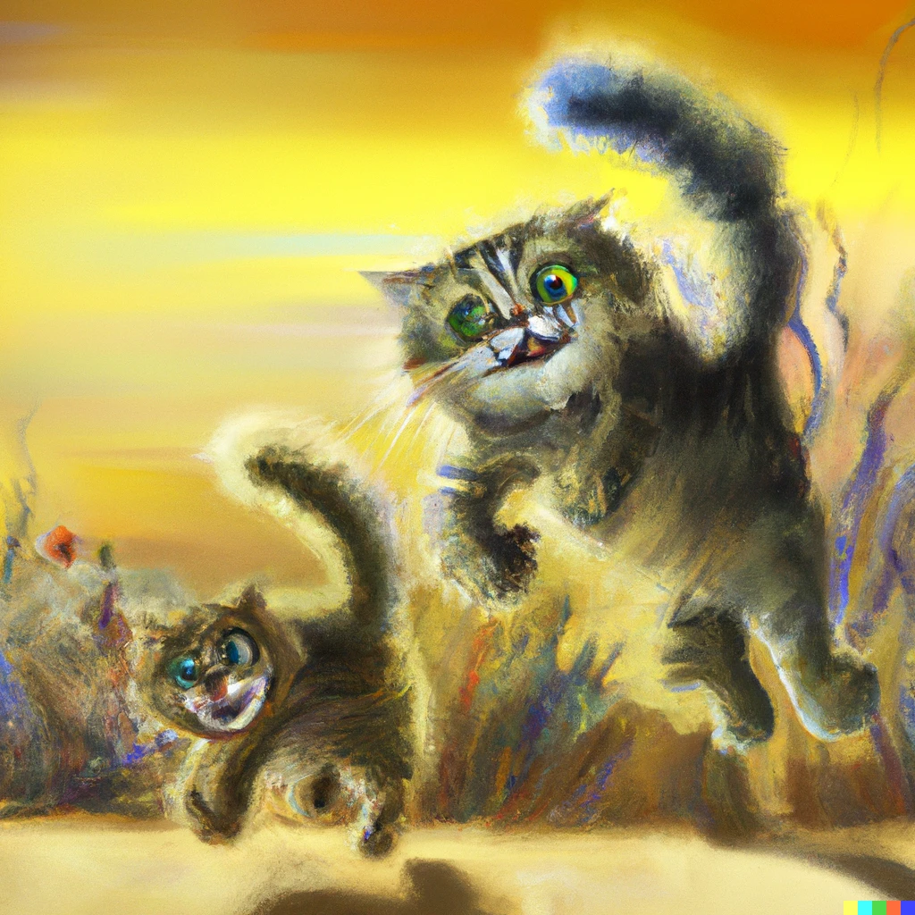 Prompt: big cat chasing small cat, digital art