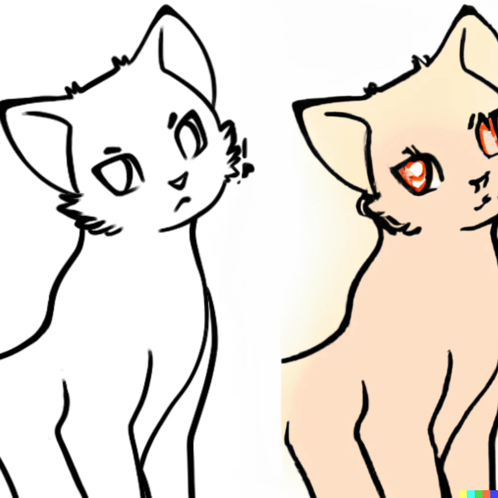 Prompt: a drawing on the right of the exact same cat on the left