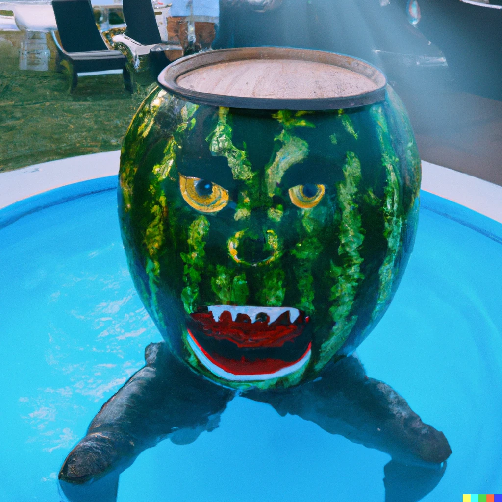 Prompt: Pool party Gragas is hoding a barrel which is made of watermelon