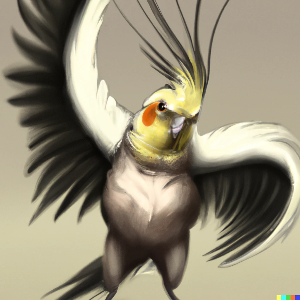 Prompt: A cockatiel with Dio Brando's hairdo and outfit is spreading its wings and trying to stop time, digital art