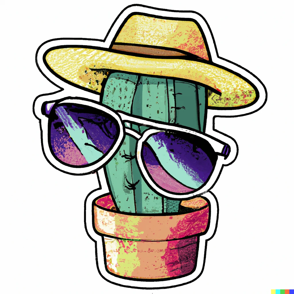 Prompt: cactus in colorful sunglasses with strawhat sticker illustration