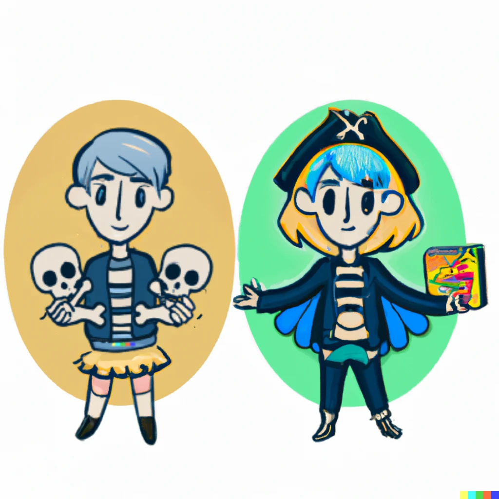 Prompt: a blue haired boy holding skulls and a blond noble holding a book, sticker illustration