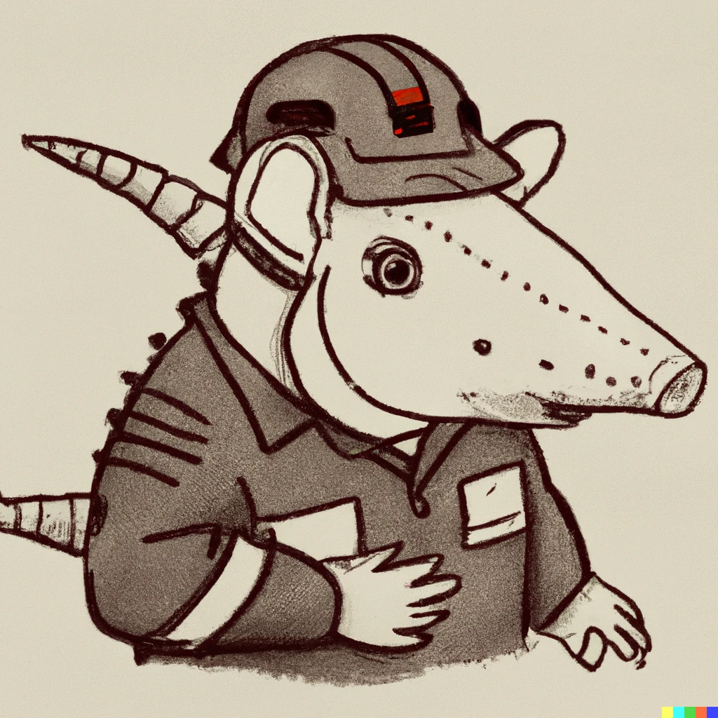 Prompt: An armadillo engineer with a red cap, 1980’s style